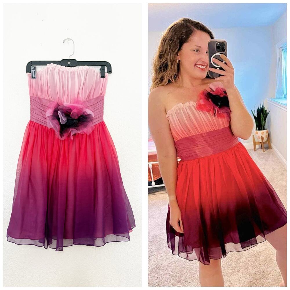 Vintage Betsey Johnson Y2K Pink Ombré Tulle Floral Strapless Mini Dress Size 4